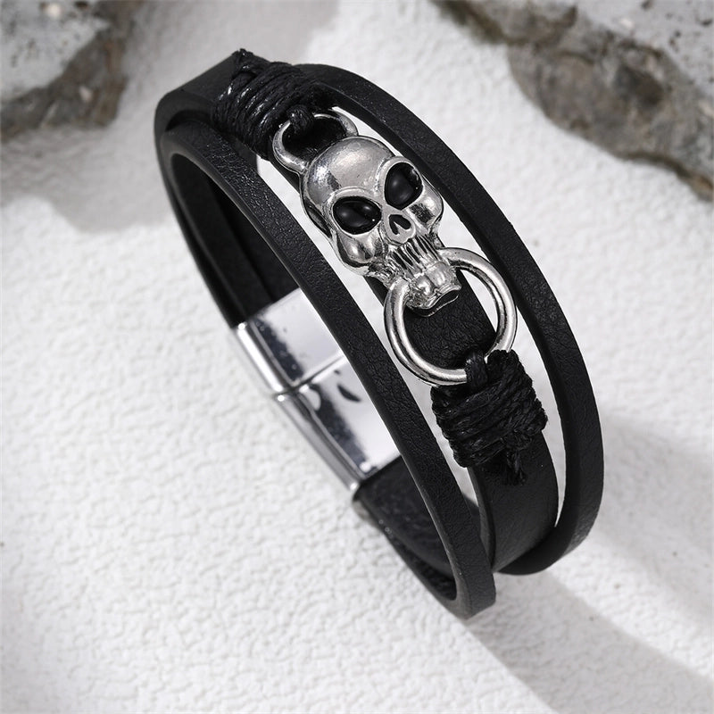 Casual Punk Cool Style Leaf Skull Pu Leather Alloy Halloween Men's Bracelets