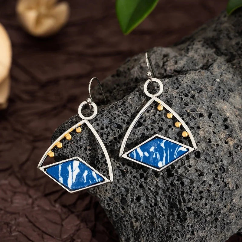 Hot Artistic Retro Geometric Lapis Lazor Ear Drop Bohemian Natural Stone Antique Women\'s Earrings