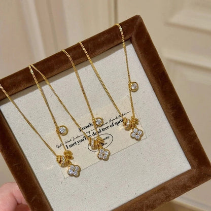 Elegant Lady Four Leaf Clover Flower Copper Mixed Metal Rings Bracelets Necklace