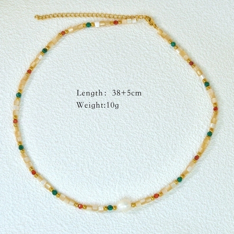 2 Pieces Hawaiian Bohemian Minimalist Geometric Freshwater Pearl Glass Titanium Steel Women\'S Necklace