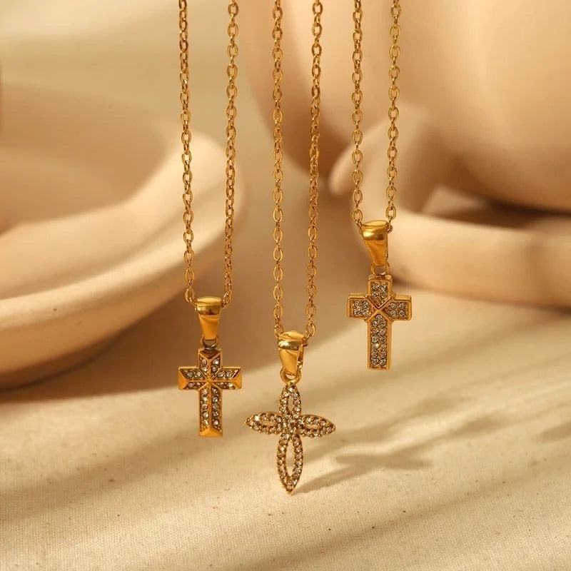 IG Style Cross 304 Stainless Steel Zircon Plating Inlay Pendant Necklace