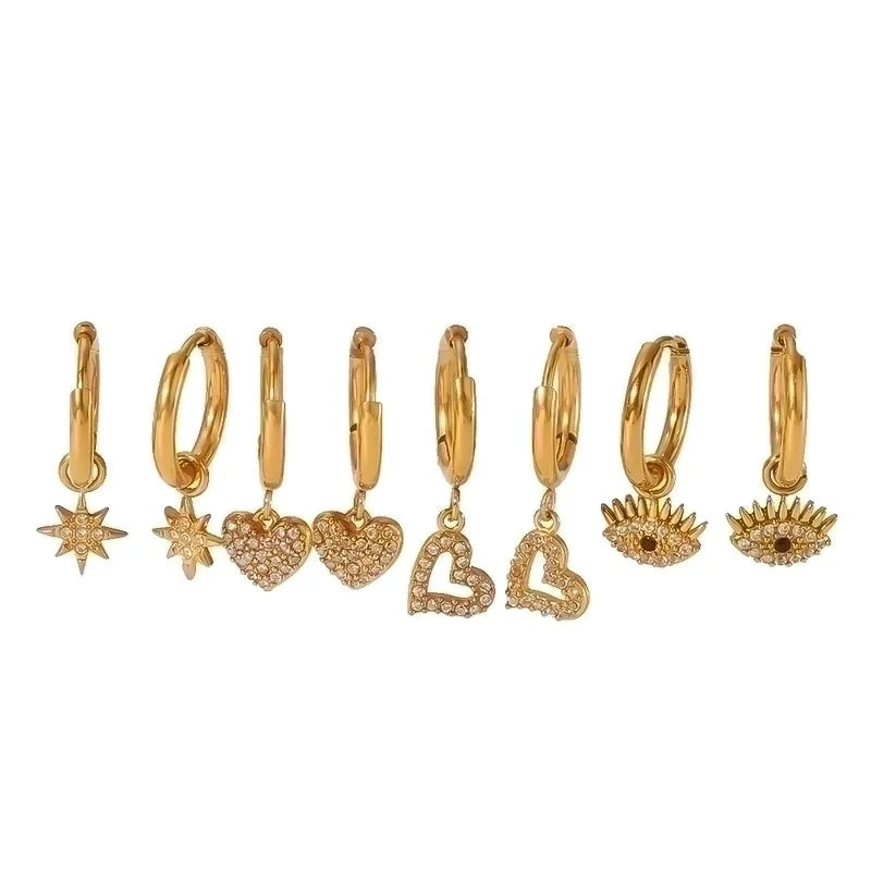 1 Pair Streetwear Hexagram Heart Shape Eye Polishing Plating Inlay 304 Stainless Steel Zircon Drop Earrings