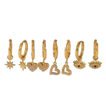 1 Pair Streetwear Hexagram Heart Shape Eye Polishing Plating Inlay 304 Stainless Steel Zircon Drop Earrings