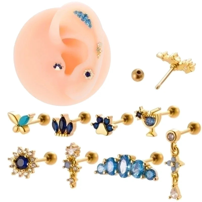 1 Piece Ear Cartilage Rings & Studs Sweet Crown Flower Butterfly 316L Stainless Steel Copper Plating Inlay Zircon