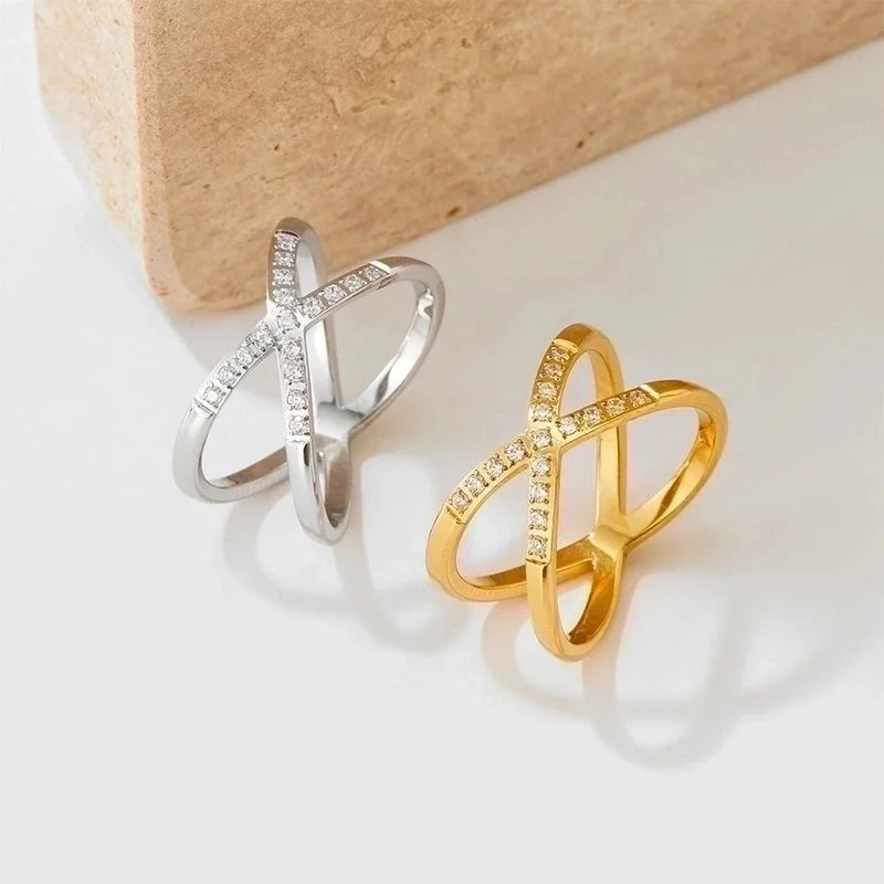 3 Pieces Fashion Solid Color 304 Stainless Steel Rhinestones 16K Gold Plated White Gold Plated Gold Plated Criss Cross Stainless Steel Rings