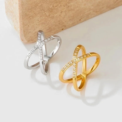 3 Pieces Fashion Solid Color 304 Stainless Steel Rhinestones 16K Gold Plated White Gold Plated Gold Plated Criss Cross Stainless Steel Rings