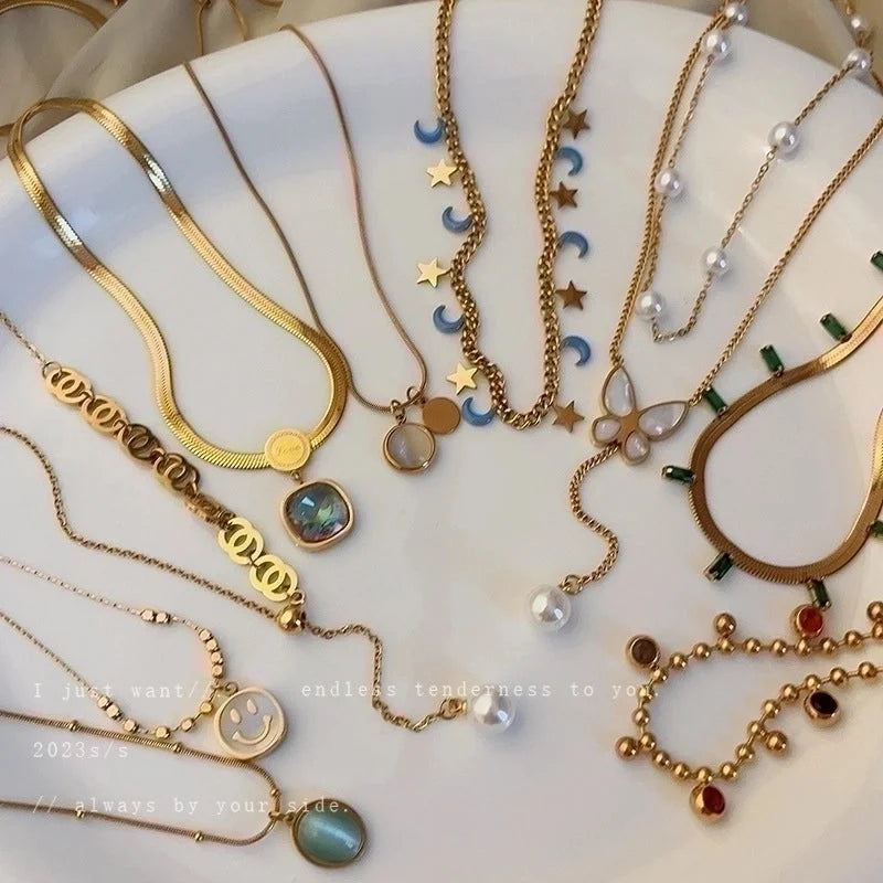 Minimalist Geometric Alloy Titanium Steel Plating Inlay Artificial Pearls Turquoise Rhinestones Necklace