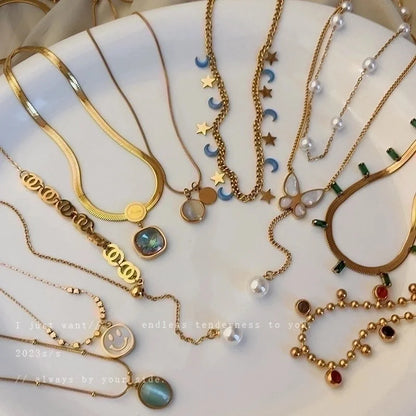 Minimalist Geometric Alloy Titanium Steel Plating Inlay Artificial Pearls Turquoise Rhinestones Necklace