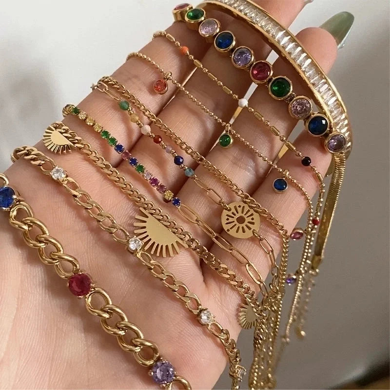 3 Pieces Casual Retro Geometric 304 Stainless Steel 16K Gold Plated White Gold Plated Gold Plated Zircon Bracelets In Bulk