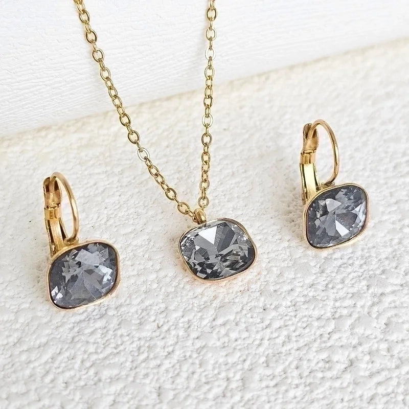 304 Stainless Steel Gold Plated Minimalist Shiny Inlay Square Zircon Jewelry Set