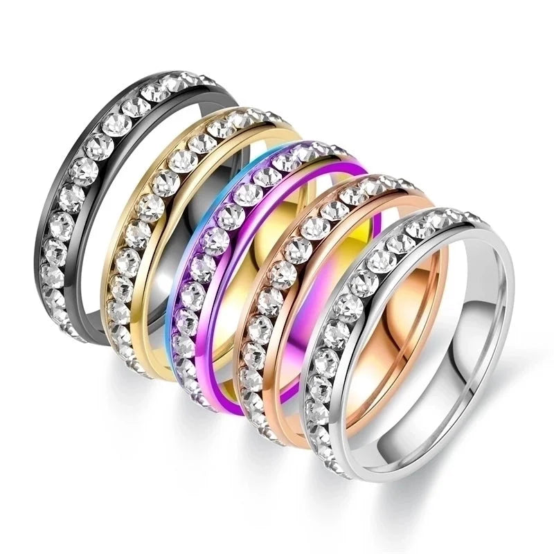 Modern Style Round Titanium Steel Artificial Diamond 18K Gold Plated Inlay Rings