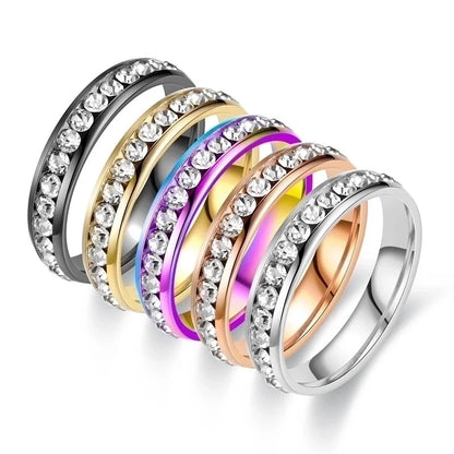 Modern Style Round Titanium Steel Artificial Diamond 18K Gold Plated Inlay Rings