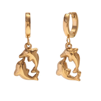 Fashion Dolphin Seahorse Animal Chinese Zodiac Stainless Steel 18K Gold Plated Earrings