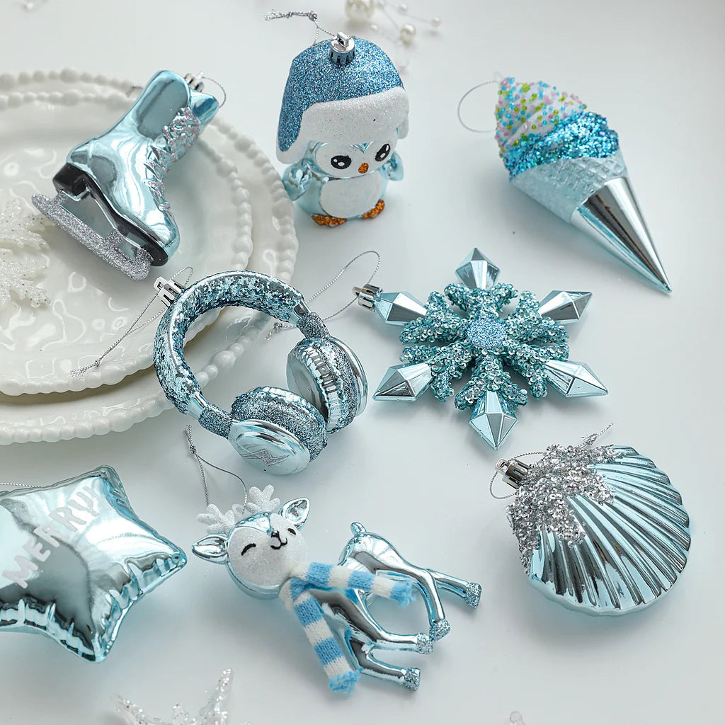 Blue Plastic Hanging Ornaments Sticky Powder Christmas Tree Window Display Decorations Five-pointed Star Snowflake Cartoon Decoration Scene Arrangement