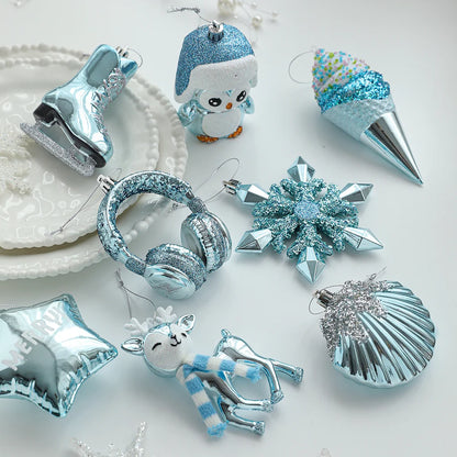 Blue Plastic Hanging Ornaments Sticky Powder Christmas Tree Window Display Decorations Five-pointed Star Snowflake Cartoon Decoration Scene Arrangement