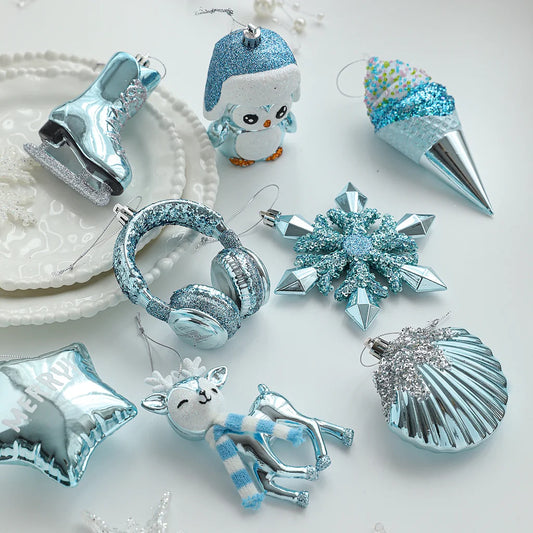 Blue Plastic Hanging Ornaments Sticky Powder Christmas Tree Window Display Decorations Five-pointed Star Snowflake Cartoon Decoration Scene Arrangement