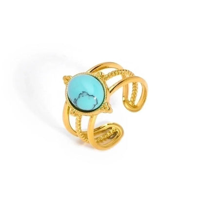 304 Stainless Steel 18K Gold Plated Retro Plating Inlay Water Droplets Turquoise Open Rings