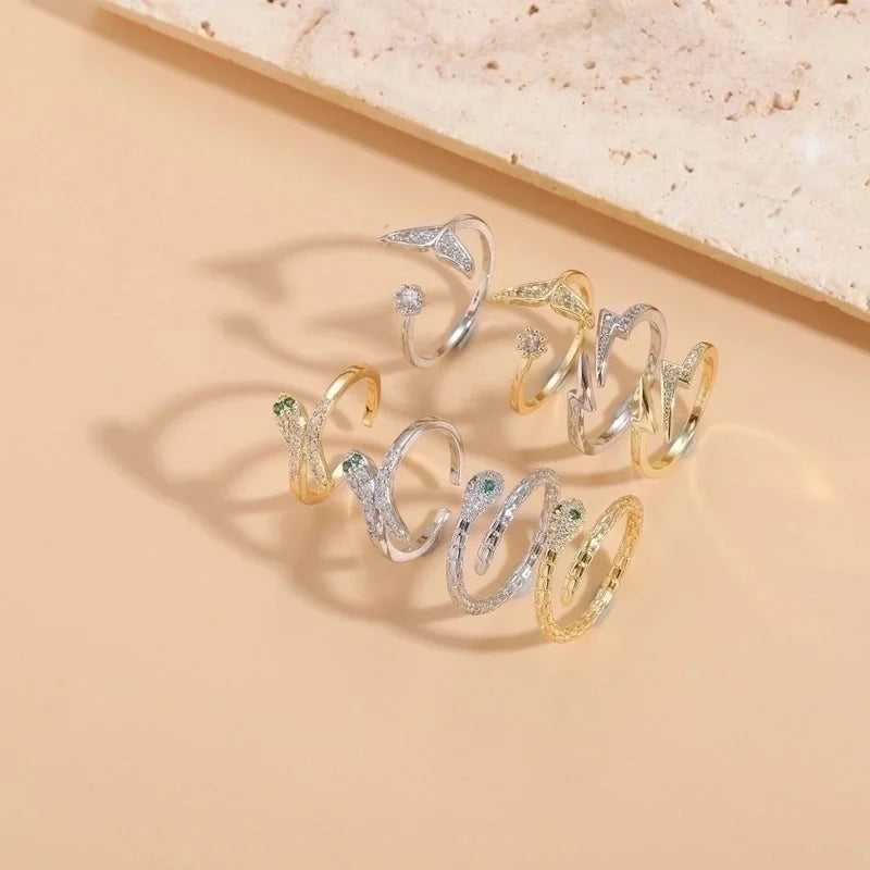 Elegant Snake Lightning Fish Tail Copper Plating Inlay Zircon 14k Gold Plated Open Ring