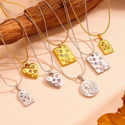 Elegant Minimalist Streetwear Heart Shape Rectangle Titanium Steel 18K Gold Plated Pendant Necklace