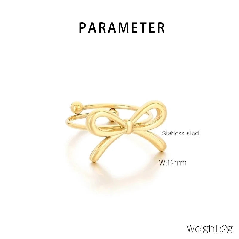 Vintage Style Heart Shape Bow Knot 304 Stainless Steel 18K Gold Plated Open Rings