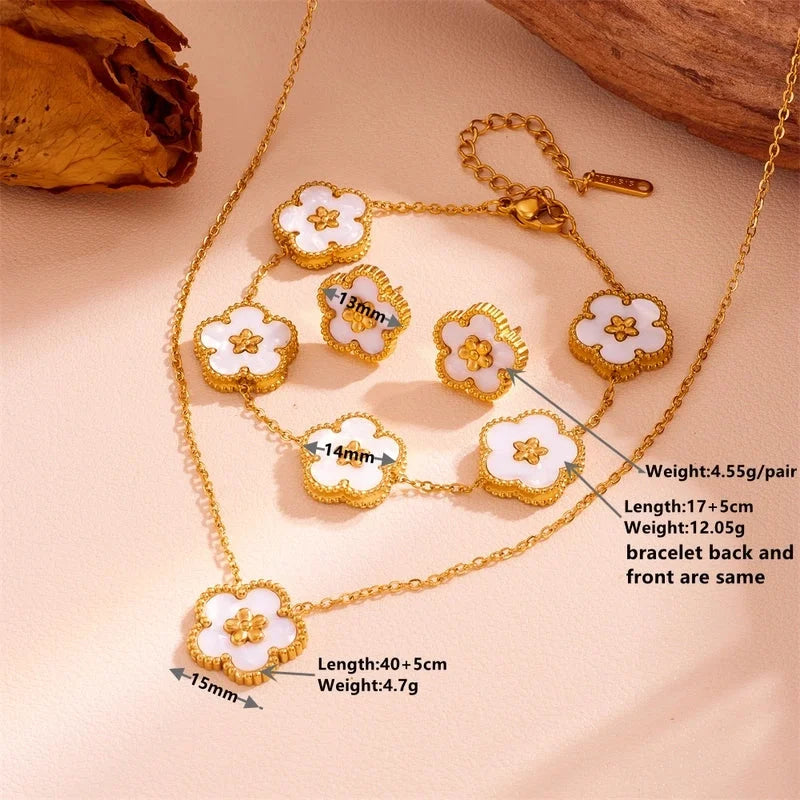 Sweet Minimalist Flower Titanium Steel Artificial Gemstones Turquoise Shell Inlay Jewelry Set