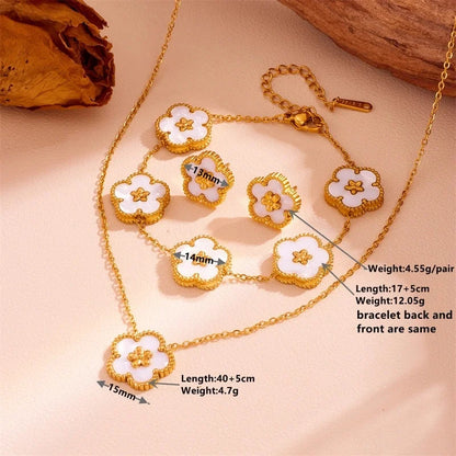 Sweet Minimalist Flower Titanium Steel Artificial Gemstones Turquoise Shell Inlay Jewelry Set