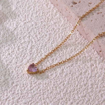 Sweet Minimalist Commute Heart Shape 304 Stainless Steel Rhinestones Birthstone 18K Gold Plated Inlay Necklace