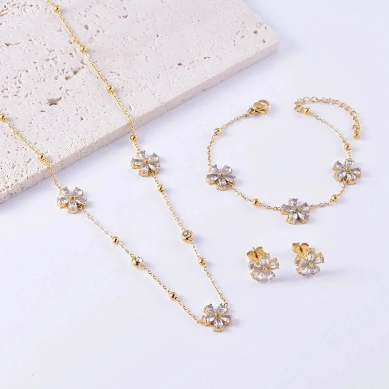 Sweet Minimalist Flower Titanium Steel Bracelets Earrings Necklace