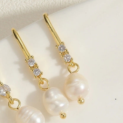 1 Pair Sweet Minimalist Water Droplets Plating Inlay Freshwater Pearl Copper Zircon 14k Gold Plated Ear Hook