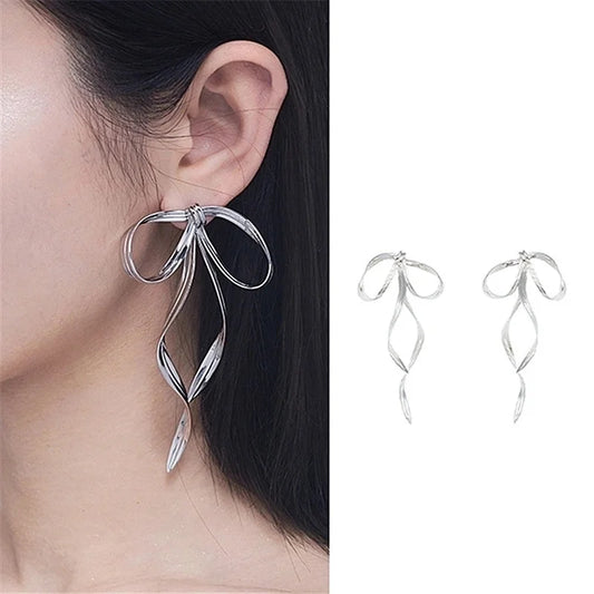 S925 Silver Needle Designer Earrings Silver Metal Bow Long Ribbon Earrings Fairy Antique Earrings