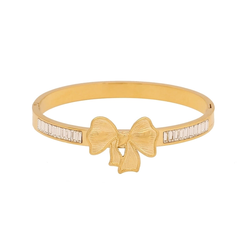 Minimalist Leaves Flower Bow Knot 304 Stainless Steel 18K Gold Plated Zircon Bangle In Bulk