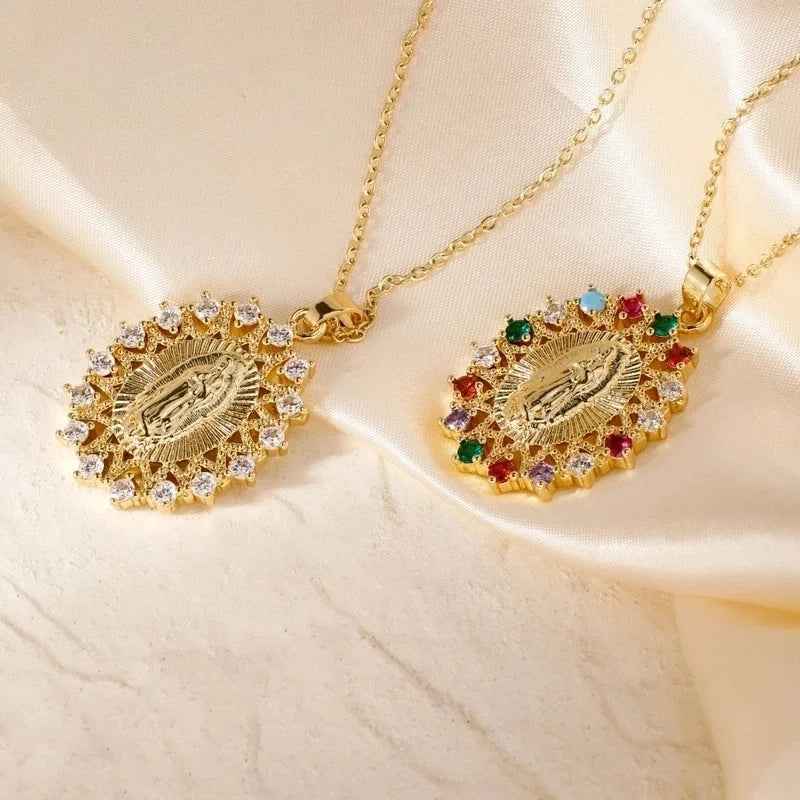 Vintage Style Classic Style Geometric Round Virgin Mary 304 Stainless Steel Copper Zircon K Gold Plated Inlay Pendant Necklace