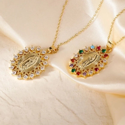 Vintage Style Classic Style Geometric Round Virgin Mary 304 Stainless Steel Copper Zircon K Gold Plated Inlay Pendant Necklace