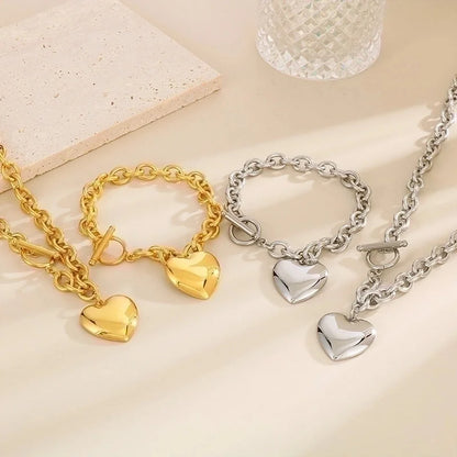 Minimalist Heart Shape Stainless Steel 18K Gold Plated Chain Bracelets Necklace