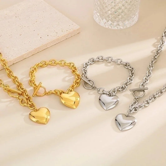 Minimalist Heart Shape Stainless Steel 18K Gold Plated Chain Bracelets Necklace