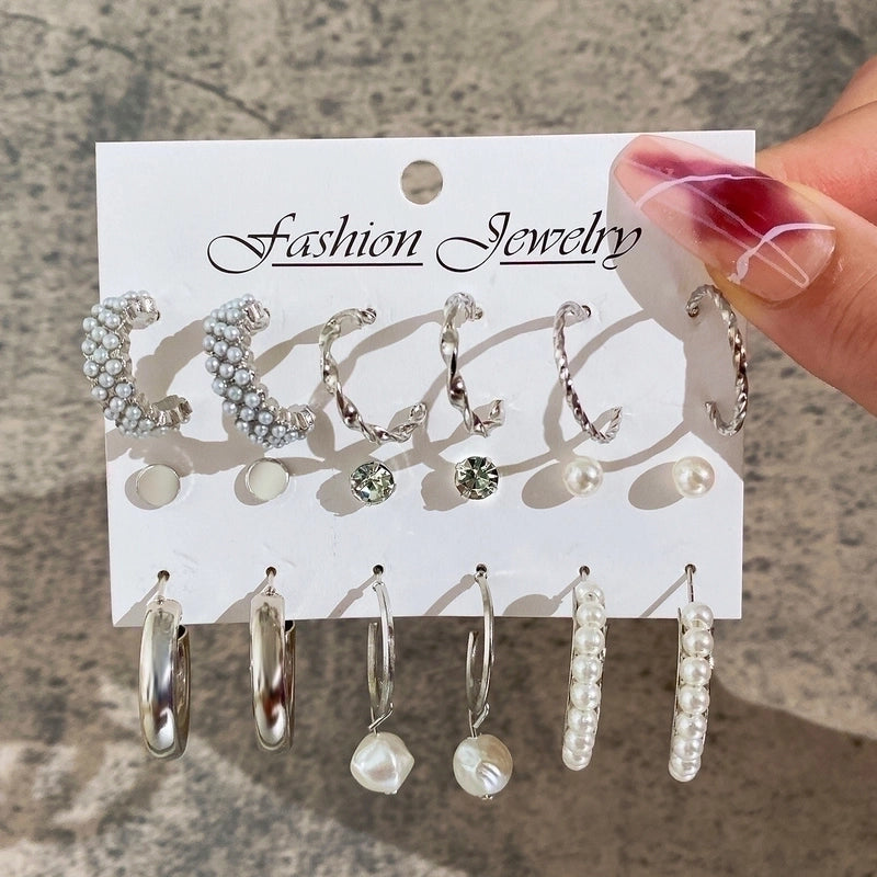 Geometric Plating Alloy Pearl Hoop Earrings