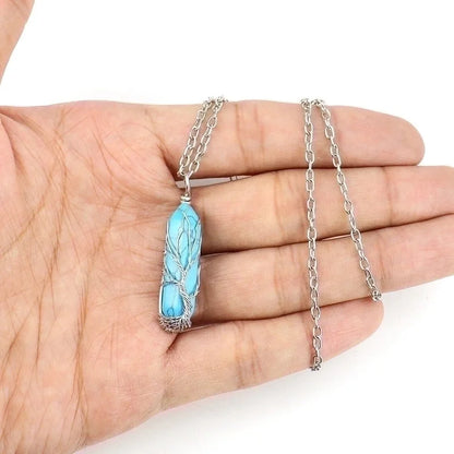 Minimalist Hexagon Prism Natural Stone Ferroalloy Knitting Pendant Necklace