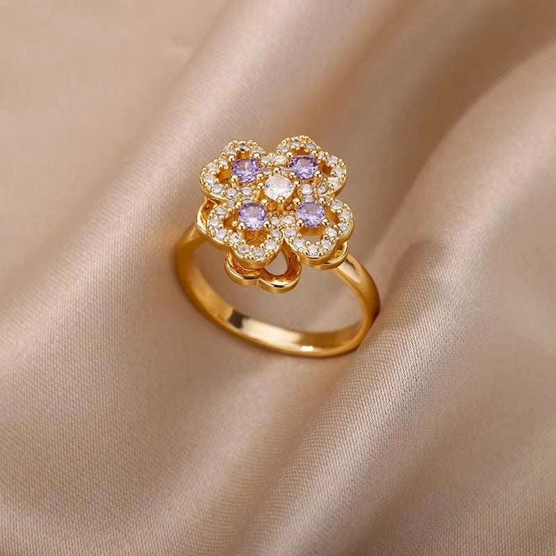 Copper 18K Gold Plated Flower Zirconia Open Rings Rings