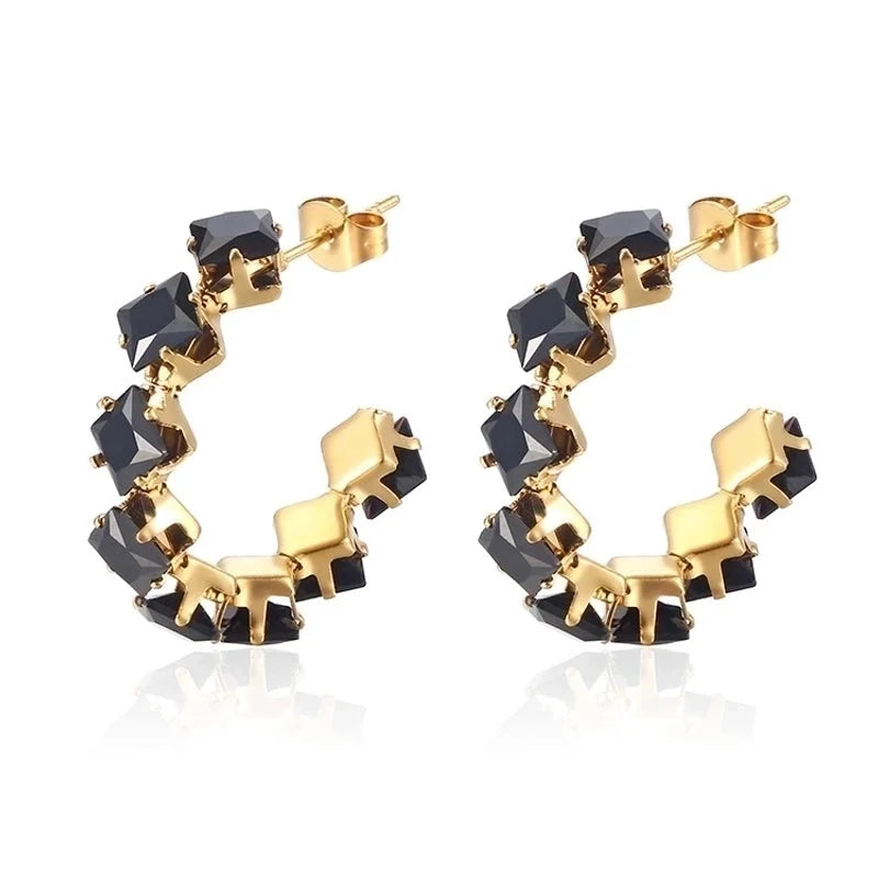 1 Pair IG Style Baroque Style Shiny C Shape Rhombus Inlay 316 Stainless Steel Zircon 18K Gold Plated Ear Studs