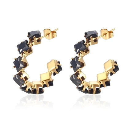 1 Pair IG Style Baroque Style Shiny C Shape Rhombus Inlay 316 Stainless Steel Zircon 18K Gold Plated Ear Studs