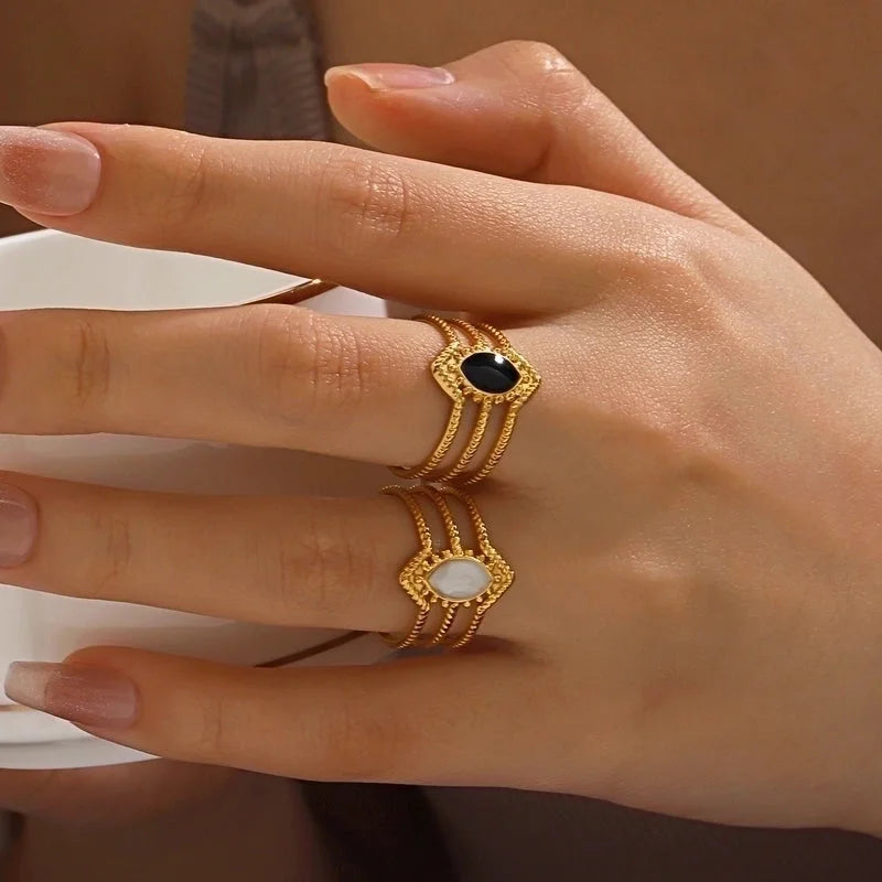 304 Stainless Steel 18K Gold Plated Minimalist Enamel Round Rhombus Open Rings