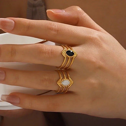 304 Stainless Steel 18K Gold Plated Minimalist Enamel Round Rhombus Open Rings