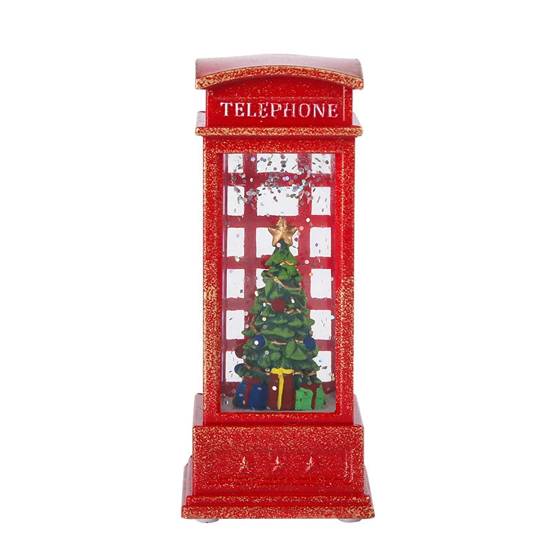 2 Pieces Christmas Light-up Water-filled Christmas Lantern Desktop Ornament Santa Claus Interior Scene Telephone Booth Gift