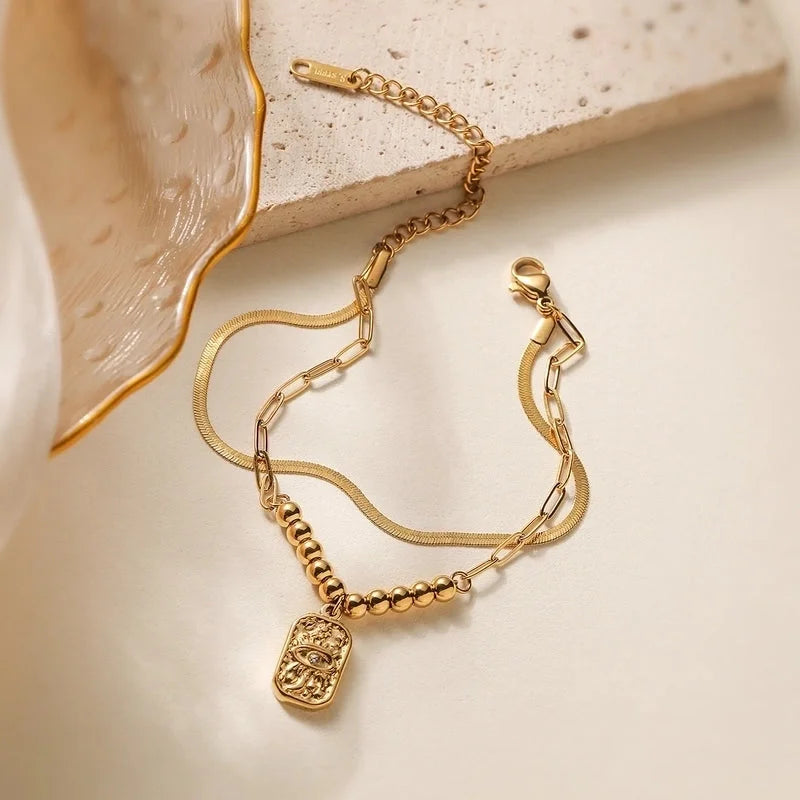 Retro Minimalist Commute Devil's Eye 304 Stainless Steel Zircon Paperclip Chain Snake Chain Bracelets In Bulk Stainless Steel Bracelets