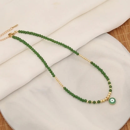 Vintage Style Devil's Eye Stainless Steel Artificial Crystal Copper Beaded Handmade 18K Gold Plated Pendant Necklace