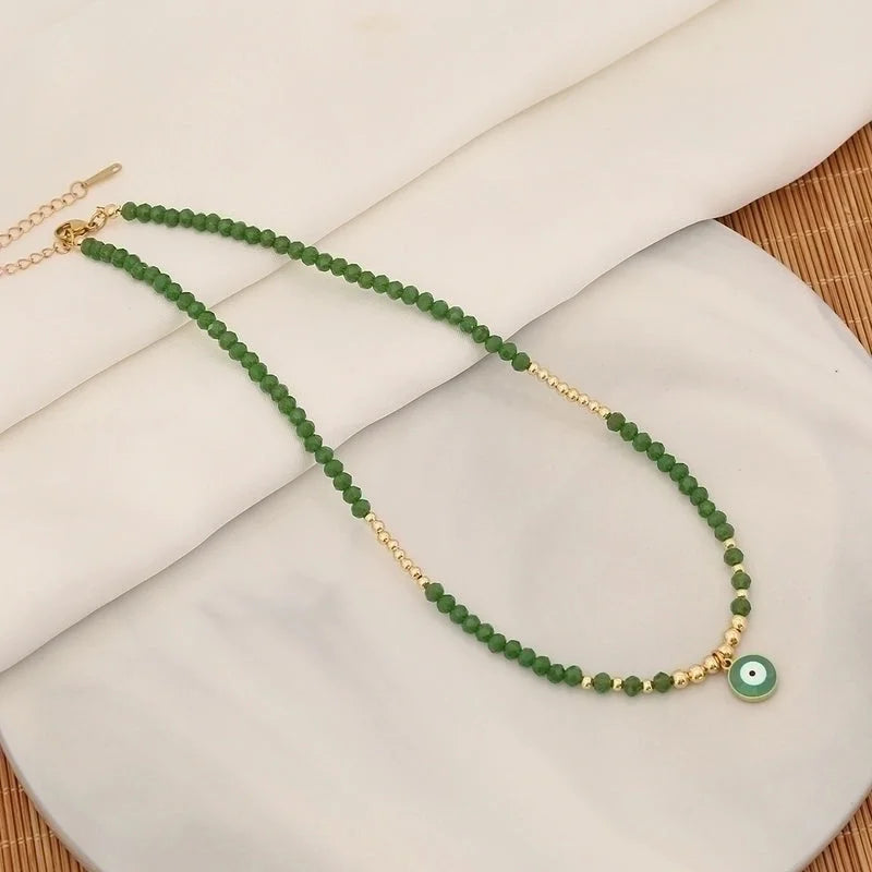 Vintage Style Devil's Eye Stainless Steel Artificial Crystal Copper Beaded Handmade 18K Gold Plated Pendant Necklace
