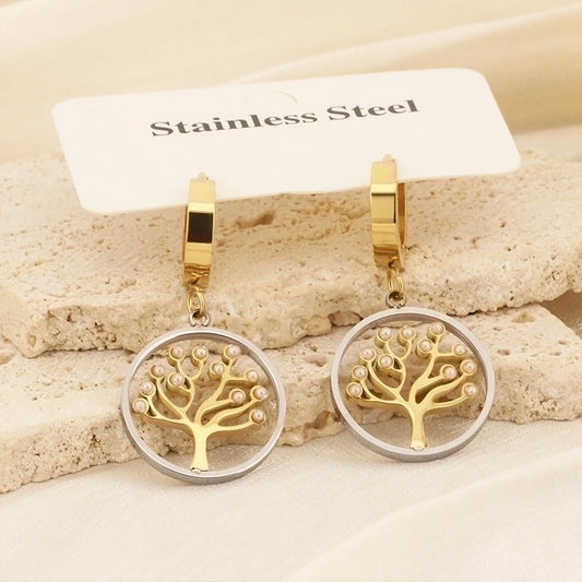 Minimalist Life Tree Snake Plating Inlay Titanium Steel Artificial Pearls Rhinestones 18k Gold Plated Drop Earrings