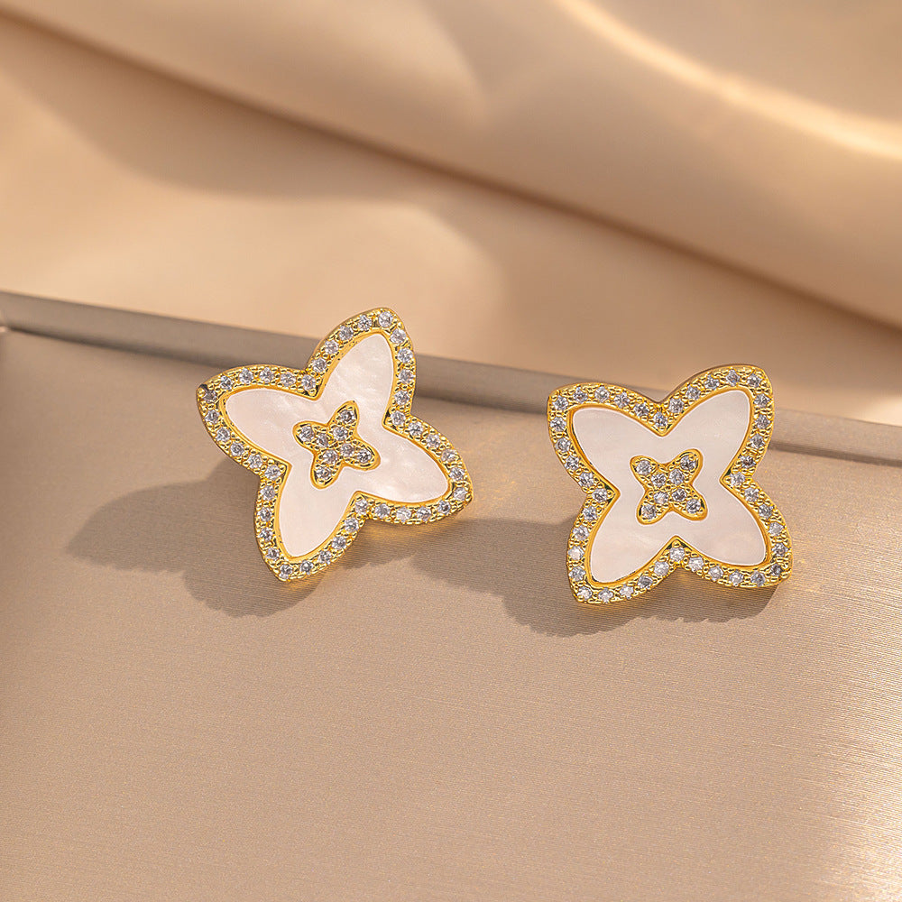 2 Pieces Moderate Luxury Flower Copper Diamond Inlay Stud Earrings