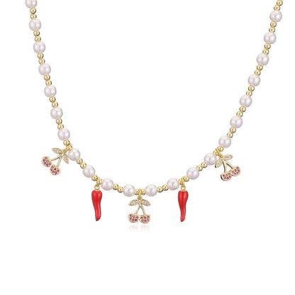 Sweet Cherry Strawberry Copper Enamel Multi Charms Necklace