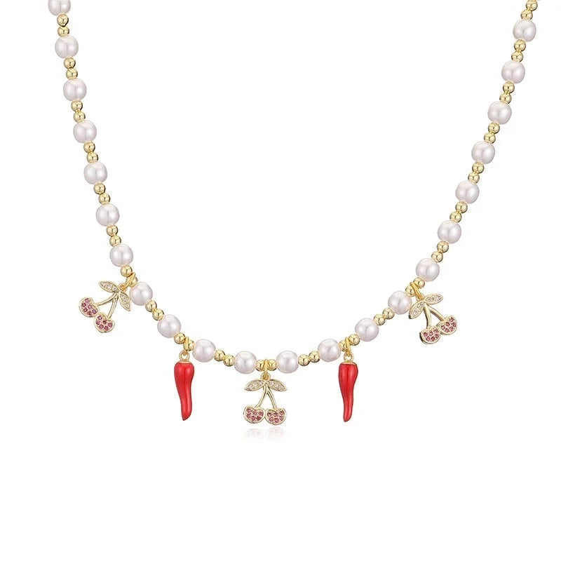 Sweet Cherry Strawberry Copper Enamel Multi Charms Necklace
